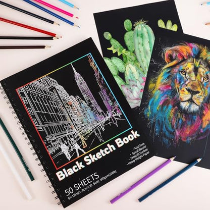 100 Sheets Black Paper Sketchbook(2 Pack), 108 lb/160gsm Heavyweight Black Sketch Pad 9×12in, Acid-Free Drawing Paper, Spiral Bound Sketch Book for Kids, Teens, Artist. - size: 9×12 Inch (2 Pack )