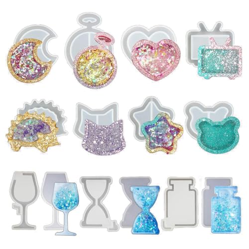 iSuperb 11Pcs Resin Shaker Mold DIY Quicksand Star Moon Cat Casting Epoxy Silicone Mold Heart Shaped Kawaii Resin Epoxy Jewelry Molds for Pendant Decoration Crafts - color: 11pcs