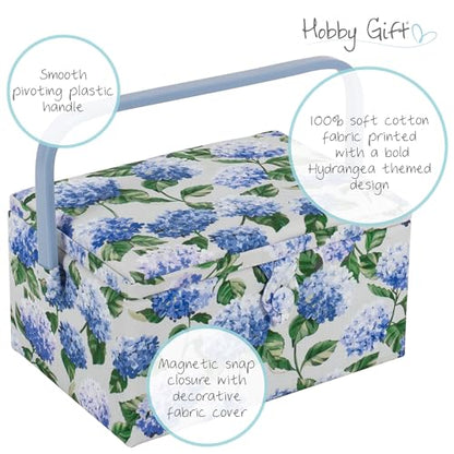 Hobby Gift Medium Sewing Box Organiser, Fabric Covered Storage Box with Handle, Internal Tray, Pin Cushion and Pocket for Sewing, Quilting and Knitting Supplies - color: Hydrangea