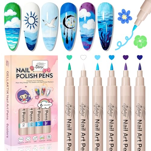 6 Colors Nail Art Pens Set, 3D Nail Polish Pens Quick-Drying Acrylic Paint Markers, Dotting Liner Brush for DIY Nail Design, Home & Salon Manicure Tools - color: white