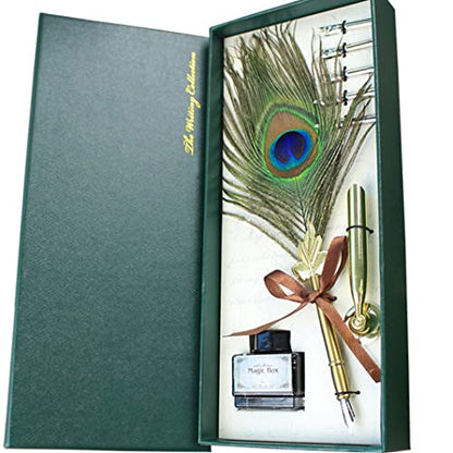 Peacock Feather Quill Pen Set- Vintage Writing Feather Calligraphy Pen with Pen Holder, as Birthday Xmas Gift