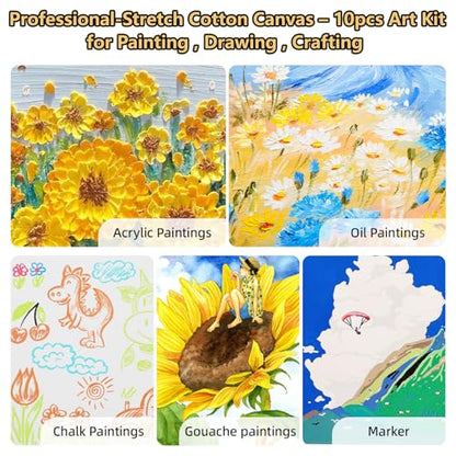 10-Pack 11x14 Stretched Canvas 100% Cotton Triple Primed for Acrylic & Oil | 100% cotton with natural husk, 5/8” Deep Frame, acid-free, No Bleed-Through,Warp-Resistant for acrylic, oil & gouache - size: 10PK - 11"x14"