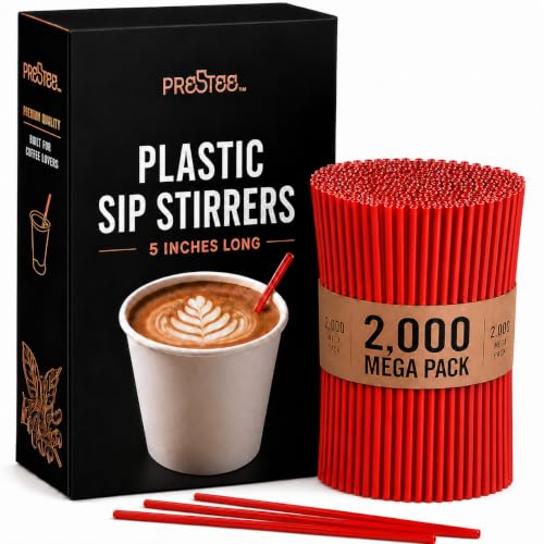 Prestee 2000 Count Red Coffee Stirrers - 5 Inch Plastic Stir Sticks for Hot and Cold Beverages - Disposable Coffee Straws for Drinks, Tea, and Cocktails - Bulk Slim Stirrer for Coffee and Bars - color: Red, size: 2000 Pack (5'')