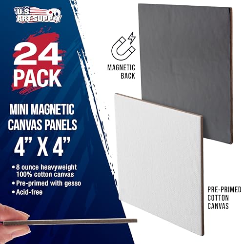 U.S. Art Supply Mini Magnetic Canvas Panels, 24 Pack, 4x4 Inch, Primed 8 Ounce Heavyweight Cotton, Small Canvases for Painting Acrylic and Watercolor, White Square Flat Canvas Boards - size: 4" x 4"