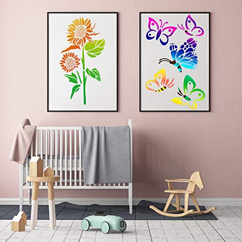 8 Pieces Sunflower Butterflies Painting Stencils Flower Butterfly Stencil Kit for Painting on Wood Wall Canvas You are My Sunshine Reusable Plastic Template for Door Home Decoration