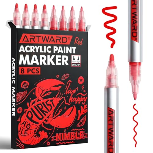 Red Acrylic Paint Markers 8 Pack, Dual Tip 0.7mm & 3mm Acrylic Paint Pens, for Rock, Wood, Glass, Canvas, Ceramic, Metal, DIY Crafts - color: Red