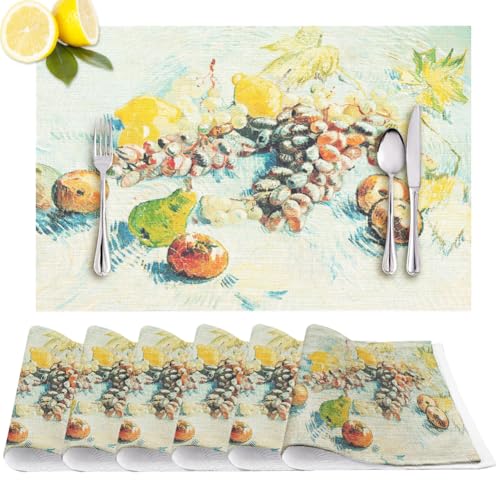 Still Life with Grapes Lemons Pears Placemats Set of 6 by V.Gogh's, Non-Slip Washable PVC Vinyl Heat Resistant Place Mat for Kitchen Dining Coffer Holiday Farmhouse Vintage Art Table Decor, 18"x12" - color: V.gogh's Classic Fruit Still Life Oil Painting