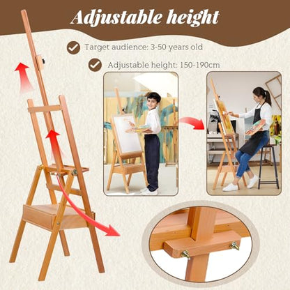 H Frame Easel with Drawer, French Style Artist Easel Solid Beech Wood Adjustable Height 59" to 75" Painting Canvas Holder Stand Tilts Flat Easels for Oil Painting Studio Classroom Adult Kids Wooden C