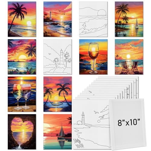 Tinlade 12 Pcs 7.9 x 9.8 Inch Pre Drawn Canvases for Painting Pre Stretched Canvas DIY Coloring Outline Painting Boards for Beginners Adults (Sea Sunset) - size: Sea Sunset