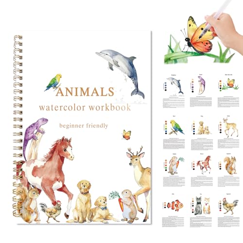 Animal Watercolor Workbook, Presketched Watercolor Book | 12 Animal Paintings, Water Color Book, For Adults & Beginners, Art Kit Supplies, Creative Gift - color: B-Animals without paints