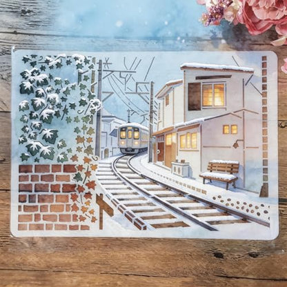 TIAMECH A4 Reusable Railway Train Stencil for Painting | Town House Layering Template, DIY Wall Art, Wood Furniture, Scrapbook & Crafts (8.3x11.7inch) - style: Railway Train