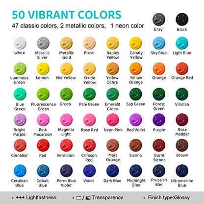 UPGREY 50 Colors Acrylic Paint Set, Non Toxic Art Paints (2fl Oz/60ml Each) With 5 Craft Paint Brushes, Metallic Acrylic Paints Kids Adults for Canvas Crafts Stone Wood Ceramic And Model Painting - color: 50 Colors(60 ml/2fl oz）