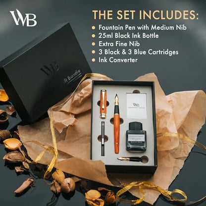 Wordsworth & Black Fountain Pen Set, Luxury Bamboo Wood - Medium Nib, Extra Fine Nib, Gift Case; 25ML Black Ink Bottle, 6 Ink Cartridges, Refill Converter - Calligraphy, Writing [Cherry Wood] - color: Cherry Wood