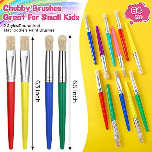 Sherr 64 Pcs Paint Brushes Sets for Kids Toddler Art Supplies Large Chubby Round and Flat Brush for School Washable Acrylic Oil Paint