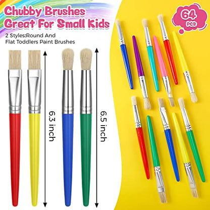Sherr 64 Pcs Paint Brushes Sets for Kids Toddler Art Supplies Large Chubby Round and Flat Brush for School Washable Acrylic Oil Paint