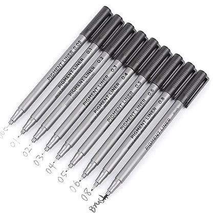 Precision Micro-Line Pens, Set of 9 Size Black Micro-Pen Fineliner Ink Pens, Quick Drying Ink Waterproof Archival Ink Multiliner Pens for Artist Illustration, Sketching, Technical Drawing, Calligraphy