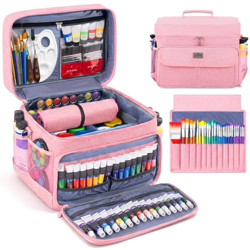 JJRING Versatile Acrylic Paint Organizer Bag With Adjustable Dividers For Multi-Size Bottles, Art Supply Storage Case Features 12-Slot Brush Holder & Clear Zipper Pocket, Travel Craft Tote(Pink) - color: Pink