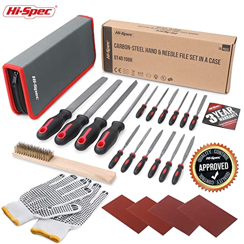 Hi-Spec 17 Piece Metal Hand & Needle File Tool Kit Set. Large & Small Mini T12 Carbon Steel Flat, Half-Round, Round & Triangle Files. Complete in a Zipper Case with a Brush - size: 17 pieces