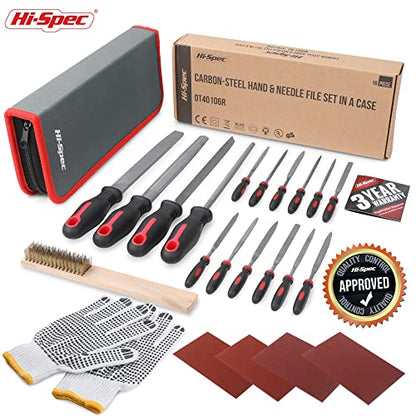Hi-Spec 17 Piece Metal Hand & Needle File Tool Kit Set. Large & Small Mini T12 Carbon Steel Flat, Half-Round, Round & Triangle Files. Complete in a Zipper Case with a Brush - size: 17 pieces