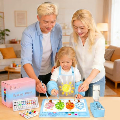 Elisel Painting Station,5 IN 1 Art Paint Supplies Kits,Paint Brush Cleaner (Upgraded),Silicone Painting Mat 12 Colors Paint Set,10 Paint Brushes,Painting Apron for Kids Artist Beginners (Blue, 5) - color: Blue