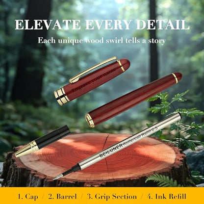 BEILUNER Luxury Personalized Wood Ballpoint Pen Writing Set,Rosewood-Elegant Fancy Nice Gift Pen Set for Signature Executive Business Office Supplies - Christmas Gift Boxed with Extra Refills (Black) - color: ,Redwood(Personalized)