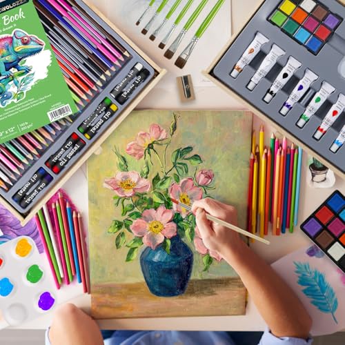 conda 96 Piece Premium Wooden Art Set with 2 Drawing Pads - Painting & Drawing Supplies Kit with Watercolor, Acrylic Paints, Brushes & More Art Supplies for Artists Adults Teens Girls