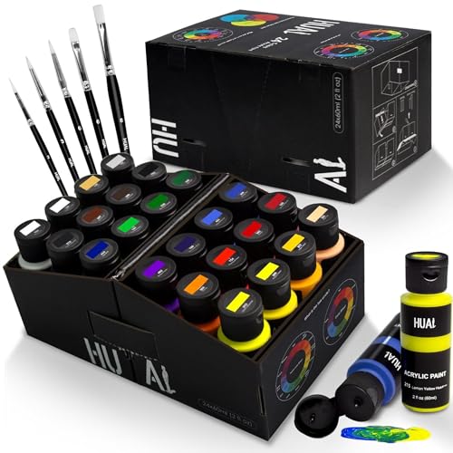 HUAL Acrylic Paint Set With 5 Brushes, 24 Colors (60ml, 2oz) for Artists Kids Beginners & Painters,Model/Canvas/Rock/Fabric/Glass/Stone/Ceramic/Wood Painting, Non Toxic - color: Black Bottle (Most Popular)