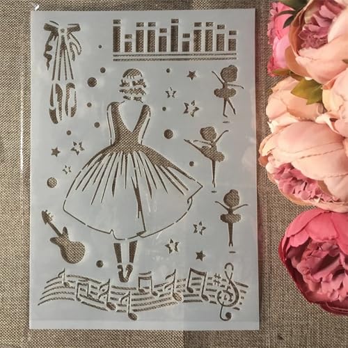 TIAMECH A4 Reusable Dress Girl Stencil for Painting | Music Note Dance Layering Template, DIY Wall Art, Wood Furniture, Scrapbook & Crafts (8.3x11.7inch) - style: Ballet Dress Girl
