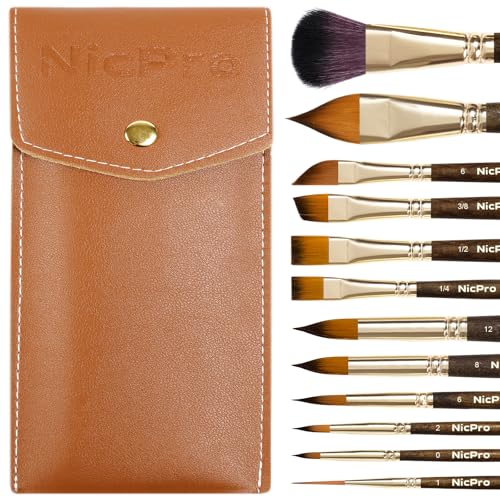 Nicpro Professional Watercolor Brushes Set, 12PCS Kolinsky Sable Performance Brushes for Watercolor, Gouache, Ink & Fluid Acrylic, Round Pointed, Flat, Mop, Dagger, Angle & Rigger - size: 12 PCS