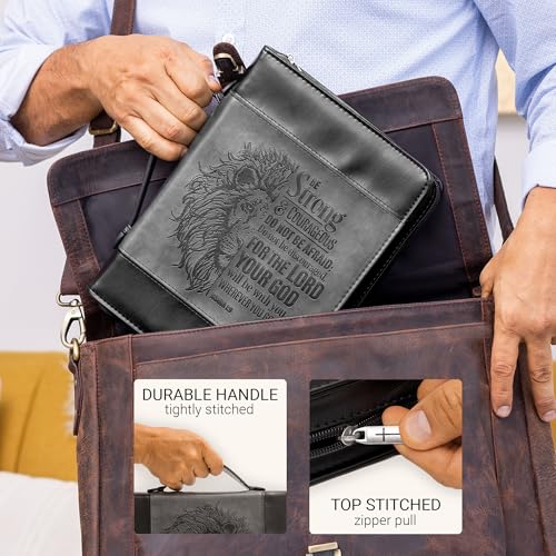Christian Art Gifts Classic Faux Leather Bible Cover for Men and Women: Be Strong and Courageous - Joshua 1:9 Inspirational Bible Verse with Lion, Gray and Black, XL - size: Extra Large