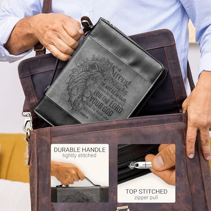 Christian Art Gifts Classic Faux Leather Bible Cover for Men and Women: Be Strong and Courageous - Joshua 1:9 Inspirational Bible Verse with Lion, Gray and Black, XL - size: Extra Large