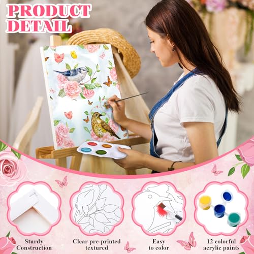 8 Sets 8" x 10" Flower and Bird Pre Drawn Canvas for Painting for Sip and Paint Party Predrawn Coloring Set Pre Sketched Canvas Boards with Paints and Brushes for Adult - style: Flower and Bird
