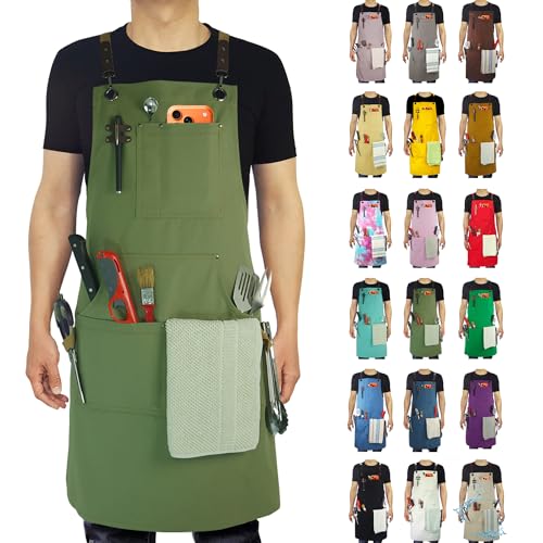 Kitchen Apron, Work Apron, Canvas, Multiple Pockets, Gardening, Painting, BBQ, Artist, Carpenter, Sizes M to XXL, Olive - color: Olive
