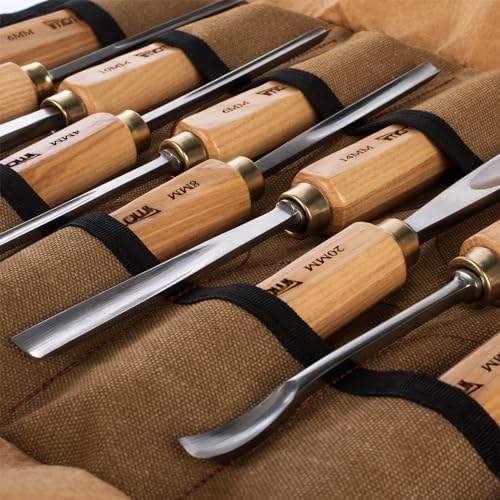 12-Pieces Woodworking Wood Carving Tools Chisel Set with Canvas Bag, Razor Sharp CR-V 60 Steel Blades - size: 12-Pieces with Ash Handle