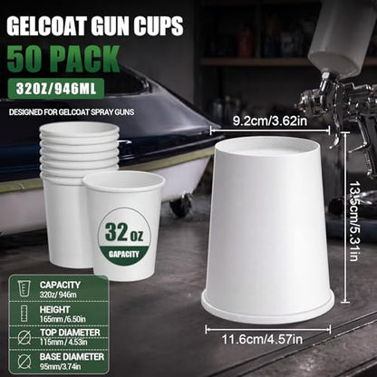 50 Pack 32 oz Gel Coat Dump Gun Cups, Double PE Coated Leak-resistant Paper Cups, Heavy Duty Disposable Mixing Containers for Gelcoat, Epoxy Resin, Marine, Automotive & Industrial Painting