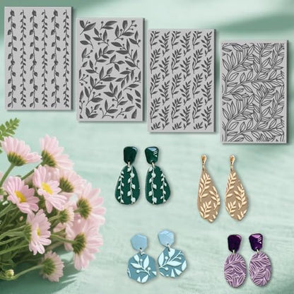 4 Sheets Leaves Pattern Polymer Clay Texture Sheet Plants Pattern Rubber Clay Texture Mat for Polymer Clay Making Earrings Jewelry DIY Crafts 4 × 2.5 Inch - style: Leaves Pattern