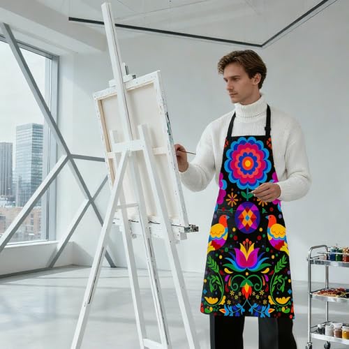 Mexican Floral Apron with 2 Pockets, Adjustable Apron for Cooking Baking BBQ Painting, Gifts for Women Men - color: Black-niao