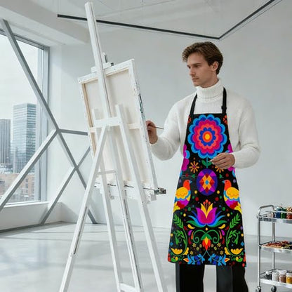 Mexican Floral Apron with 2 Pockets, Adjustable Apron for Cooking Baking BBQ Painting, Gifts for Women Men - color: Black-niao