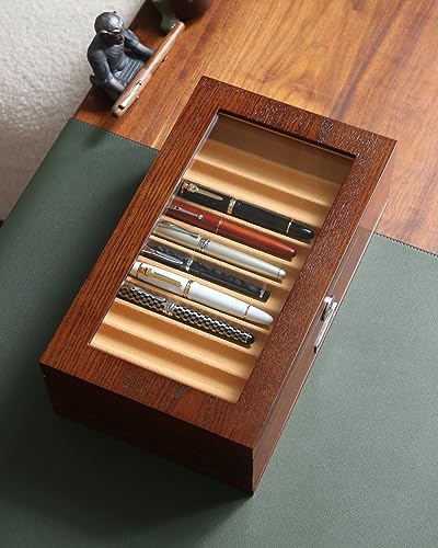 Pen Display With 24 Slots, Wood Storage Organizer, Glass Window Box for Men Gift (Brown Ash Veneer Finish, Camel Velvet) - color: brown 24 slots, camel velvet