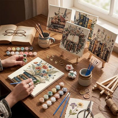 YooNotee 6 Pack Book Paint by Numbers Kit on Canvas with Wooden Easels & Brushes, 8x8 Inch Halloween Canvas Art Set for Adults DIY Flowers Acrylic Painting for Home Wall Decor - style: Book