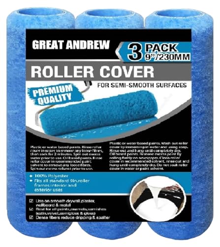 Great Andrew 3 Pack Paint Roller Covers 9 Inch 3/8-Inch Nap, Dense Fibers Large Paint Roller Kit for Painting Textured Smooth Rough Surfaces Walls Floors House - size: 3pcs, 9", Blue