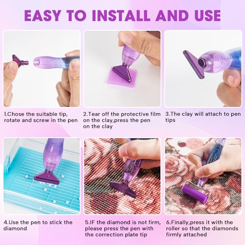 Ergonomic Diamond Painting Art Pen Accessories Kits with 6 Metal Tips, 6 Painting Glue Clay, Roller,Multi Placer Tips for DIY Crafts - style: XKZ