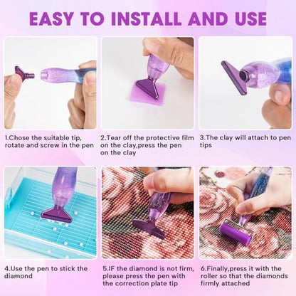 Ergonomic Diamond Painting Art Pen Accessories Kits with 6 Metal Tips, 6 Painting Glue Clay, Roller,Multi Placer Tips for DIY Crafts - style: XKZ