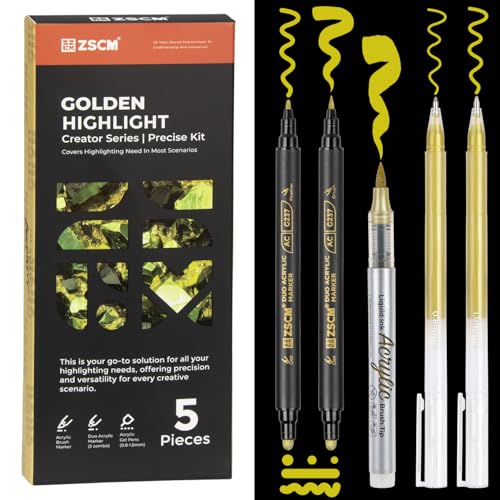 ZSCM 5 Pack Gold Acrylic Ink Pens for Drawing, Fine Point Gold Gel Pens, Brush Tip Markers，Dual-Tip Opaque Acrylic Markers for Black Paper Highlighting Drawing, Sketching, Illustration, Card Making