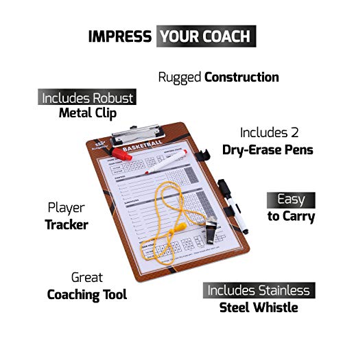 Dry Erase Coaches Clipboard - Includes Whistle and Dry Erase Markers - Double Sided Coach Whiteboard - style: Basketball