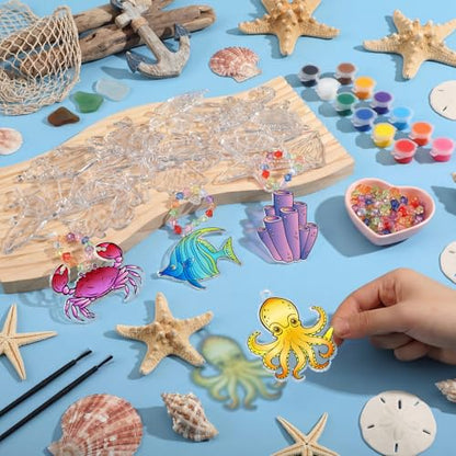 WinnerWhy 30 Sets Summer Ocean Beach Suncatchers Window Art DIY Kits Coastal Suncatcher Crafts Bulk Paint Your Own Window Hanging Ornaments for Home Party Activities Art Project - style: Ocean