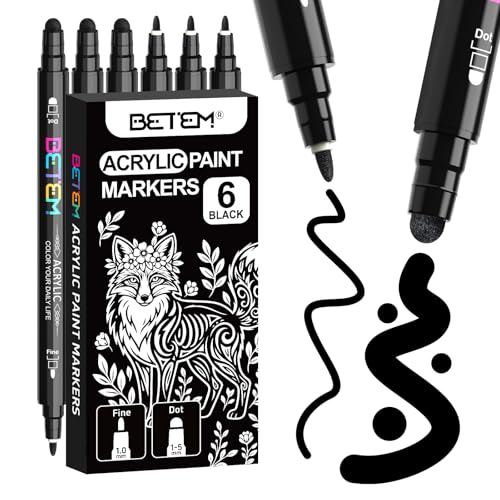 Betem 6 Black Dual Tip Acrylic Paint Markers, Fabric Decorating Kits Premium Water-Based Acrylic Paint Pens Art Supplies for Fabric, Rock, Wood, Glass, Canvas, Ceramic, Teacher Appreciation Gift - color: Black