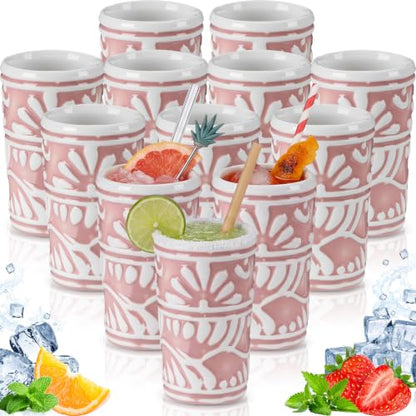 Gejoy 12 Pcs Mexican Tequila Shot Glasses Set 2 oz Talavera Handmade Ceramic Cups with Vibrant Hand-painted Pattern Mexican Pottery Gifts for Tequila Mezcal Lover Bachelorette Party Home Bar(Pink)