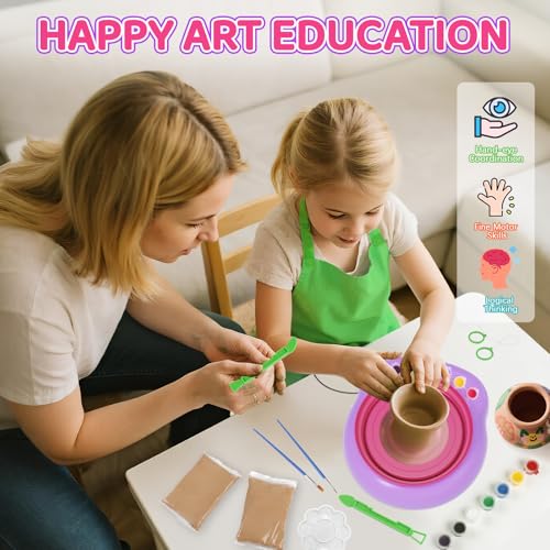 Cmiolacuna Pottery Wheel for Kids, Complete Kit with Air-Dry Clay，Ages 8-12 | Beginner pottery kit with air-dry clay, 12 paints, clay tools and apron - no kiln needed, screen-free craft gift ages 8-12 - color: Pink