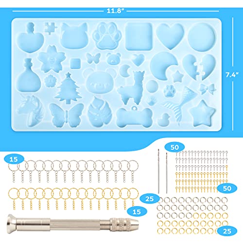 Mocoosy 182Pcs Resin Molds Silicone Kit for Keychains, 32 Cavities Silicone Molds for Epoxy Resin Casting, Variety Shaped Resin Key Chain Molds Making Set DIY Ornaments Crafts Supplies